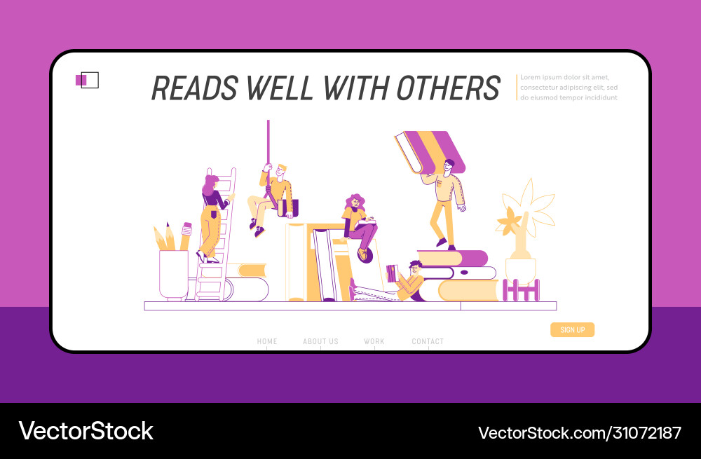 Tiny characters on shelf with huge books landing Tiny characters on shelf with huge books landing vector image