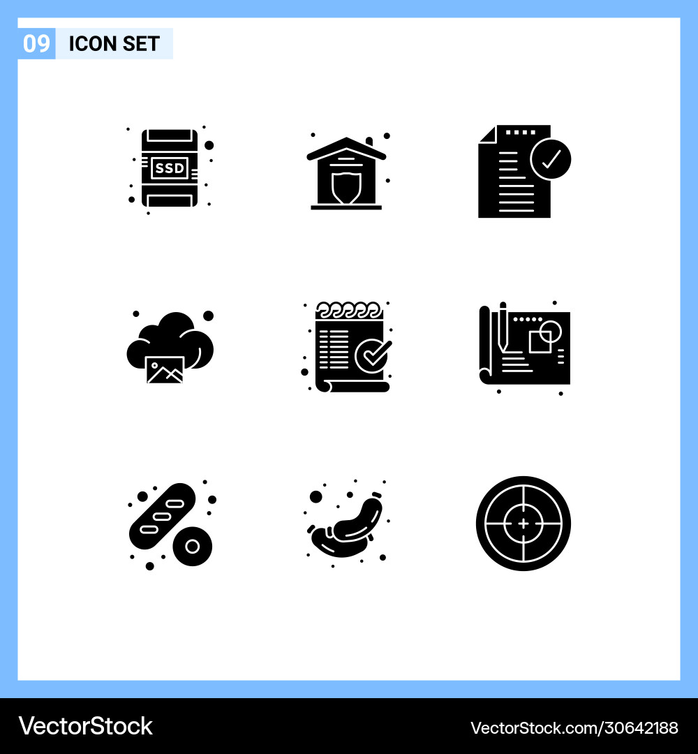 Set 9 solid glyphs on grid for checklist Vector Image