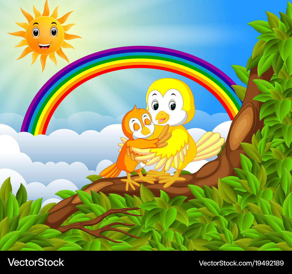 Many bird on the tree branch with rainbow scene Vector Image