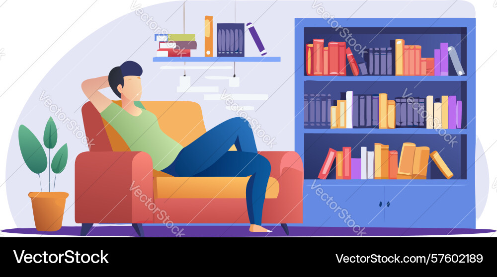 Person reading on a sofa with bookshelf design Vector Image