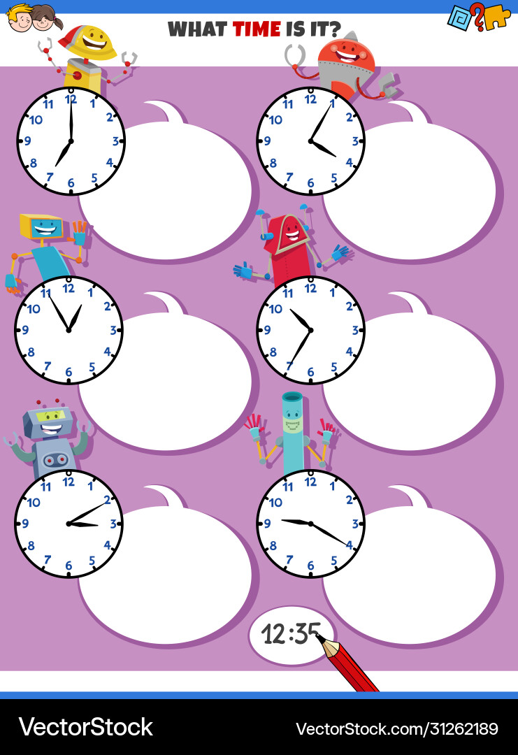 Telling time educational task with happy robots Telling time educational task with happy robots vector image