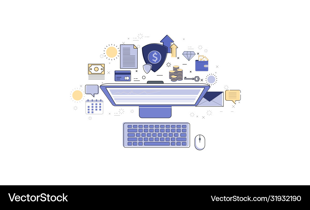 Computer with statistics infographics and set Vector Image