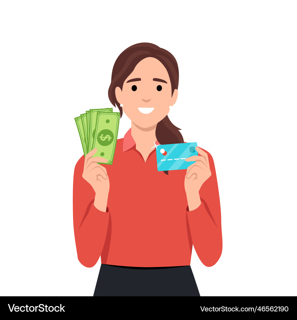 Young woman holding a credit card in one Young woman holding a credit card in one vector image