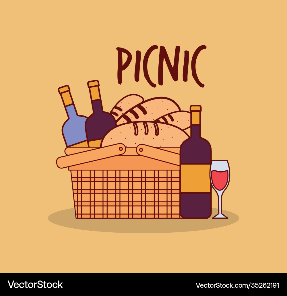 Basket for a picnic with bottles and breads under Basket for a picnic with bottles and breads under vector image