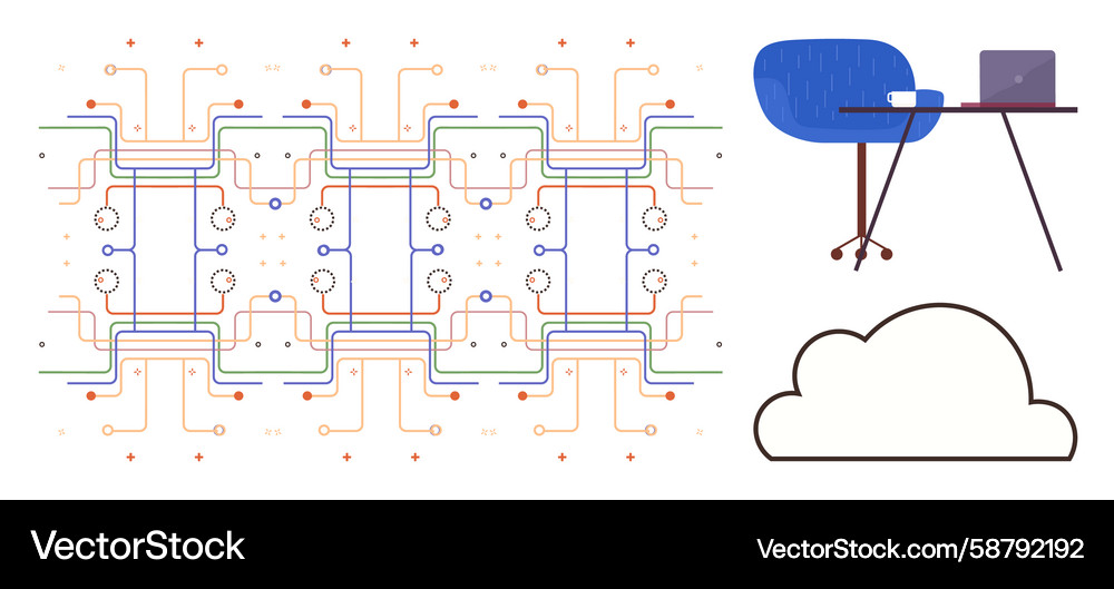 Cloud computing concept with desk workspace Cloud computing concept with desk workspace Vector Image