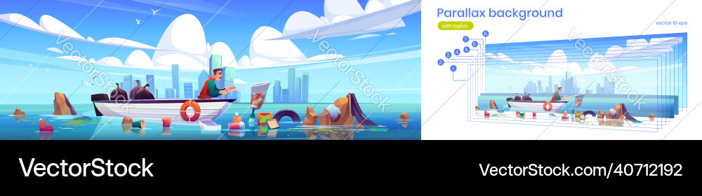Parallax background ocean polluted water cleanup Parallax background ocean polluted water cleanup vector image