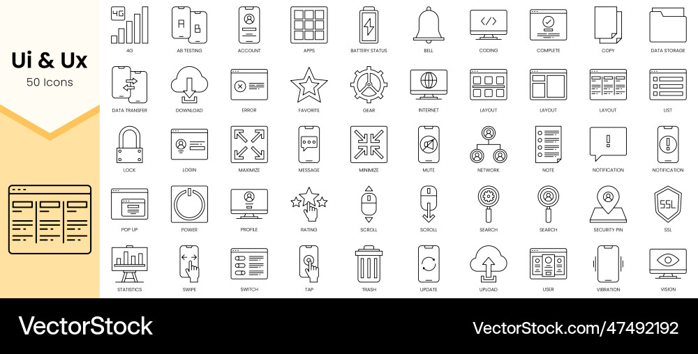 Simple outline set of ui and ux icons linear Simple outline set of ui and ux icons linear vector image