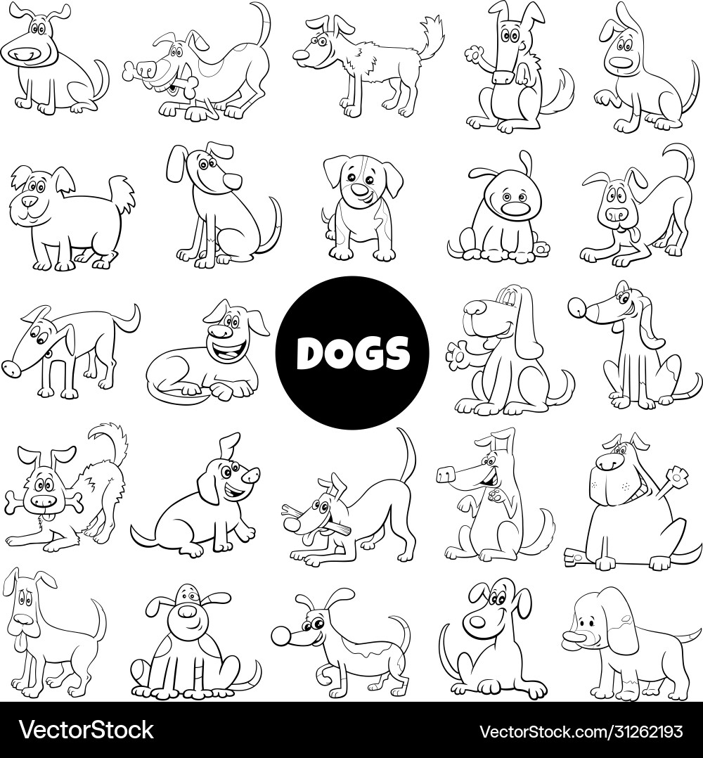 Black and white cartoon dog characters big set vector image