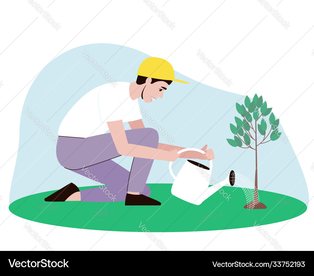 Ein männlicher Gärtner Gewässer kleiner Baum Ein männlicher Gärtner Gewässer kleiner Baum vektorbild