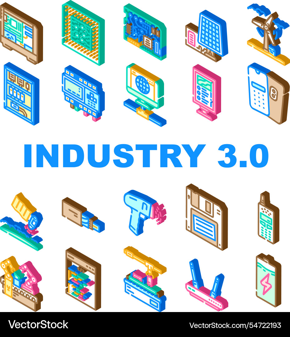 Industry 3 automation robotics icons set Industry 3 automation robotics icons set vector image