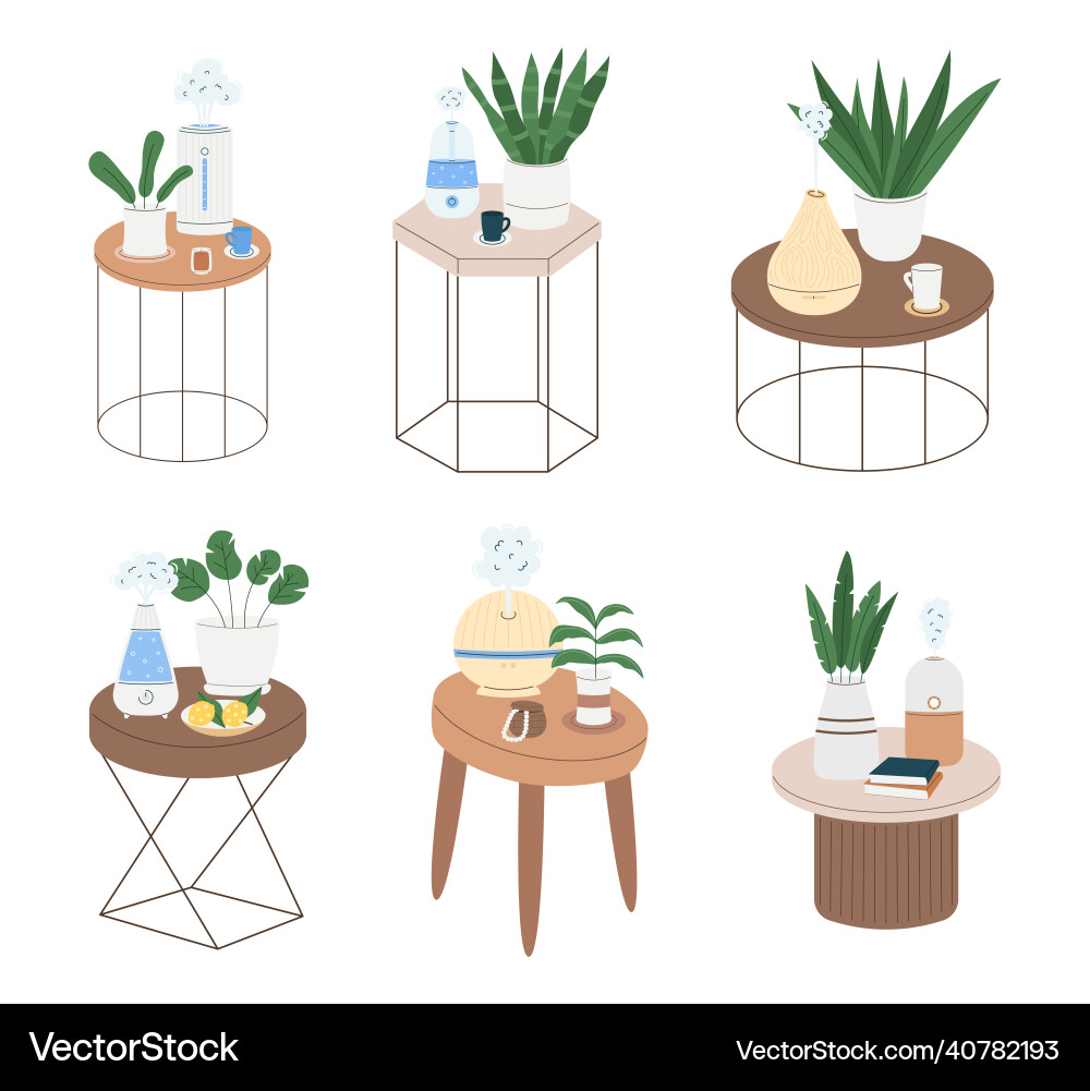 Set of tables with humidifiers Vector Image