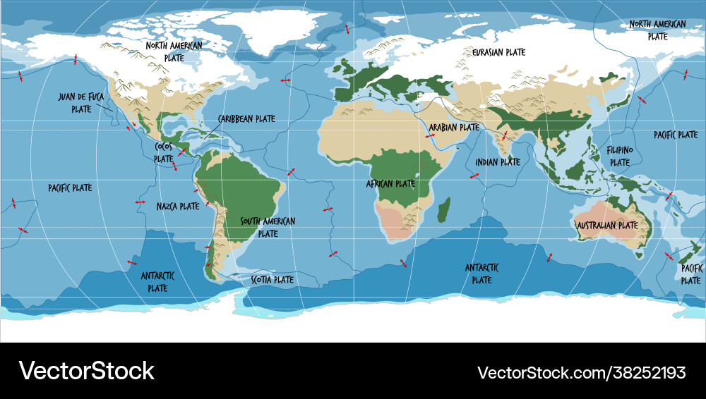 World map showing tectonic plates boundaries World map showing tectonic plates boundaries vector image