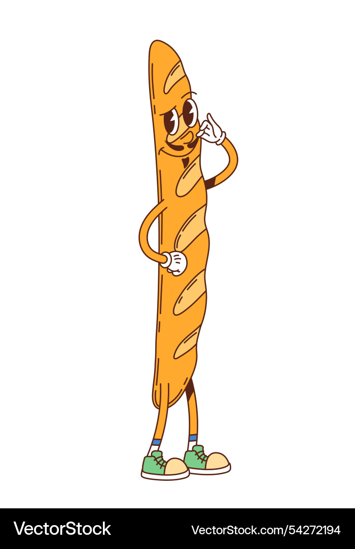 Groovy baguette bread happy smiling character Groovy baguette bread happy smiling character vector image