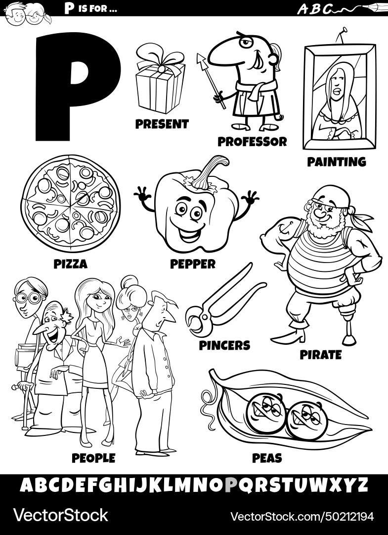 Letter p set with cartoon objects and characters Vector Image