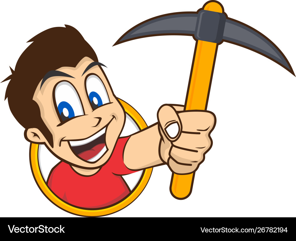 Man holding pickaxe bitcoin mining crypto currency Vector Image