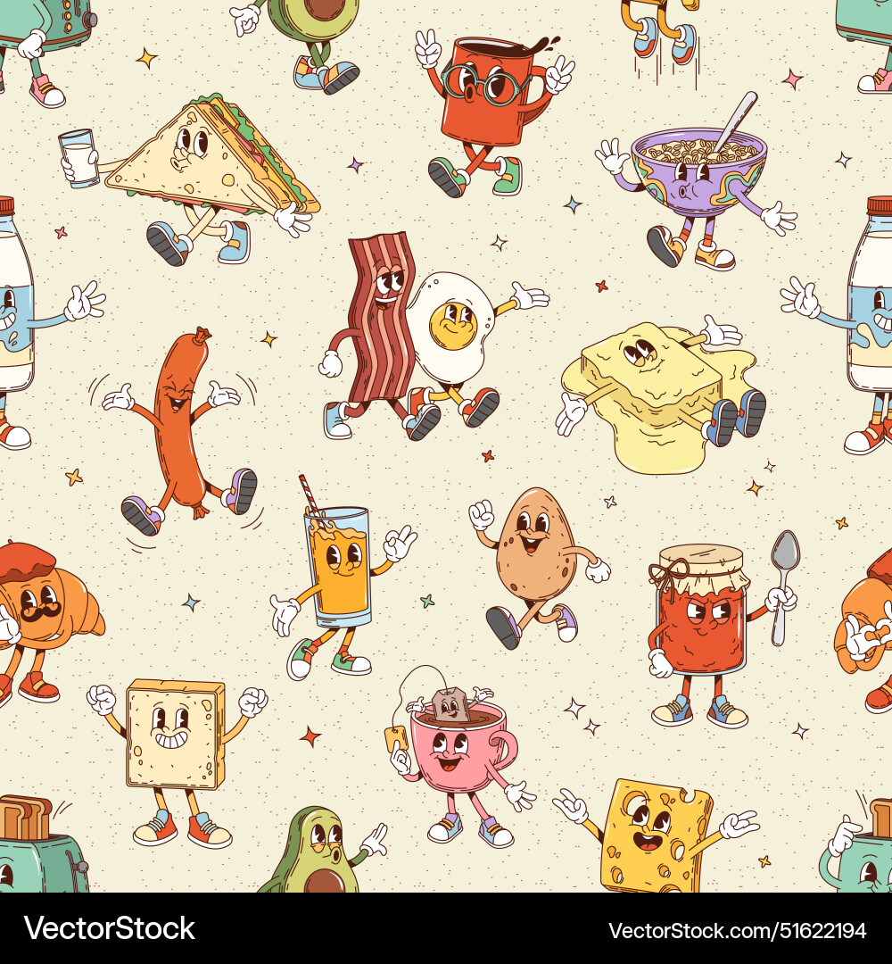 Retro groovy breakfast characters seamless pattern Retro groovy breakfast characters seamless pattern vector image