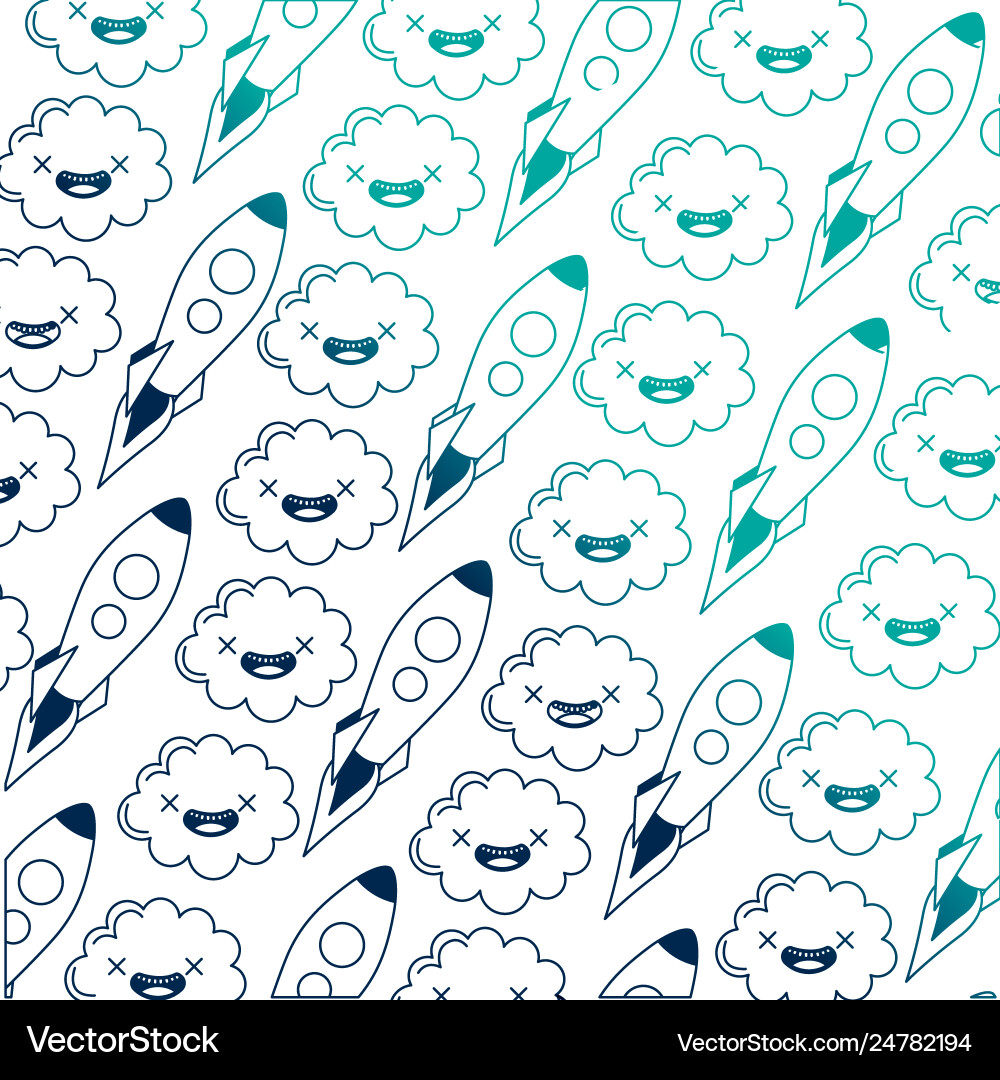 Startup rocket with clouds kawaii pattern vector image