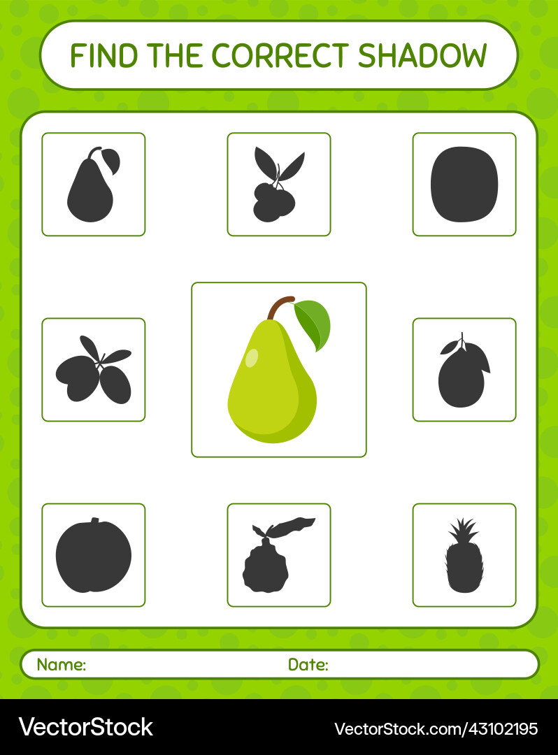 Find the correct shadows game with pear worksheet Find the correct shadows game with pear worksheet vector image