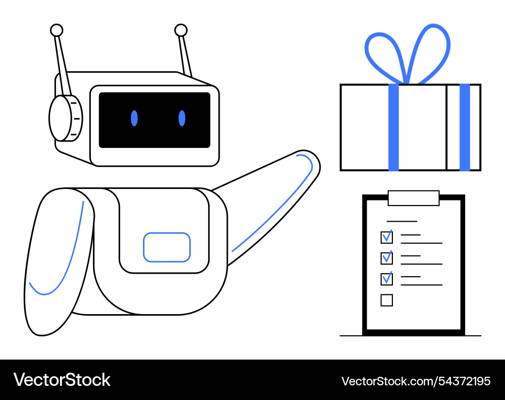 Robot pointing towards a gift box and checklist Robot pointing towards a gift box and checklist vector image