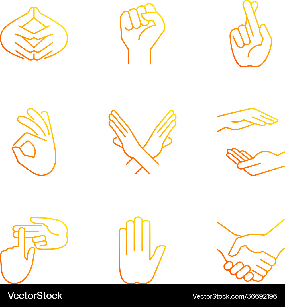 Hand gestures gradient linear icons set Hand gestures gradient linear icons set vector image