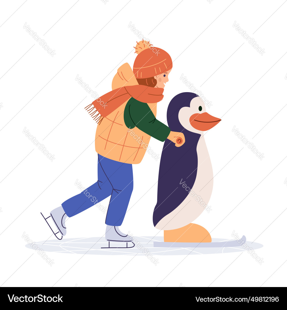 Kid ice skating with helper penguin child Vector Image