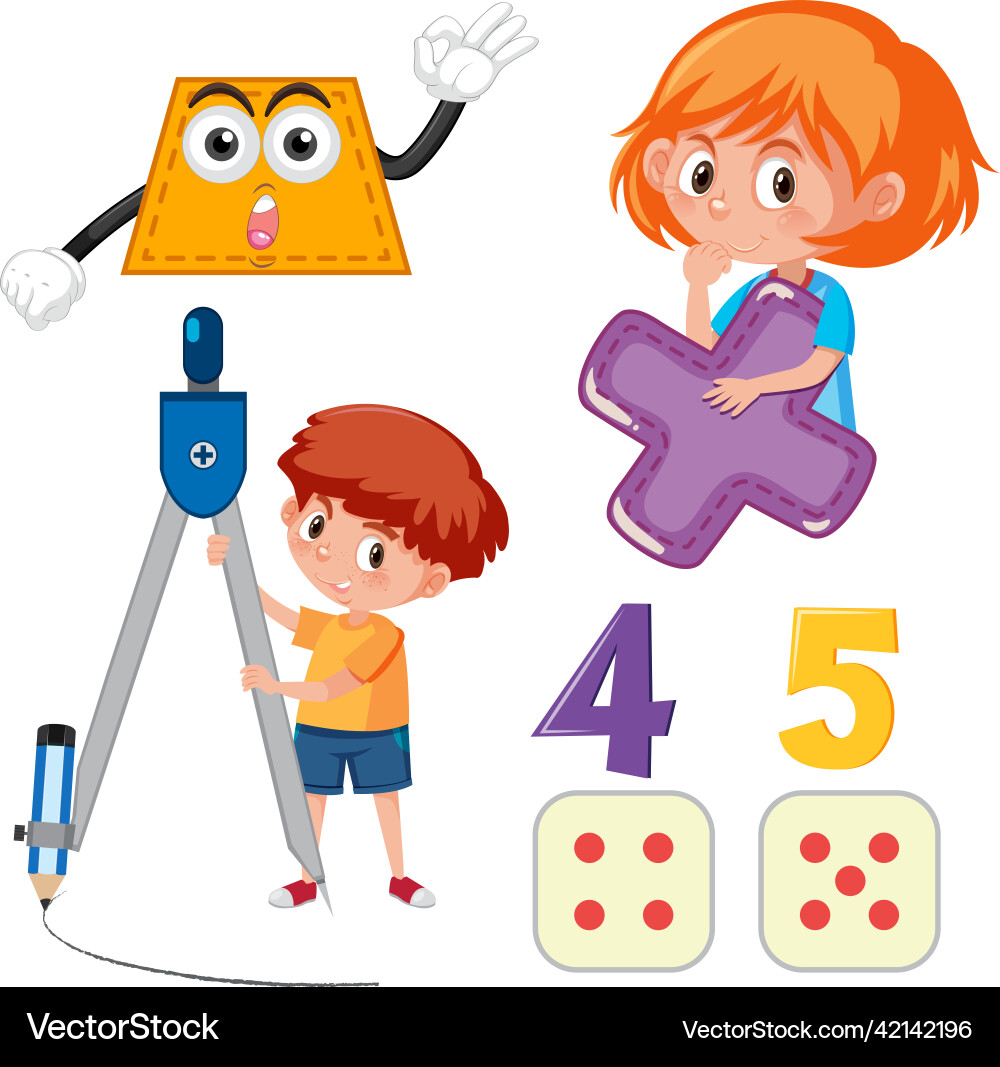 Math classroom objects with supplies and students Math classroom objects with supplies and students vector image
