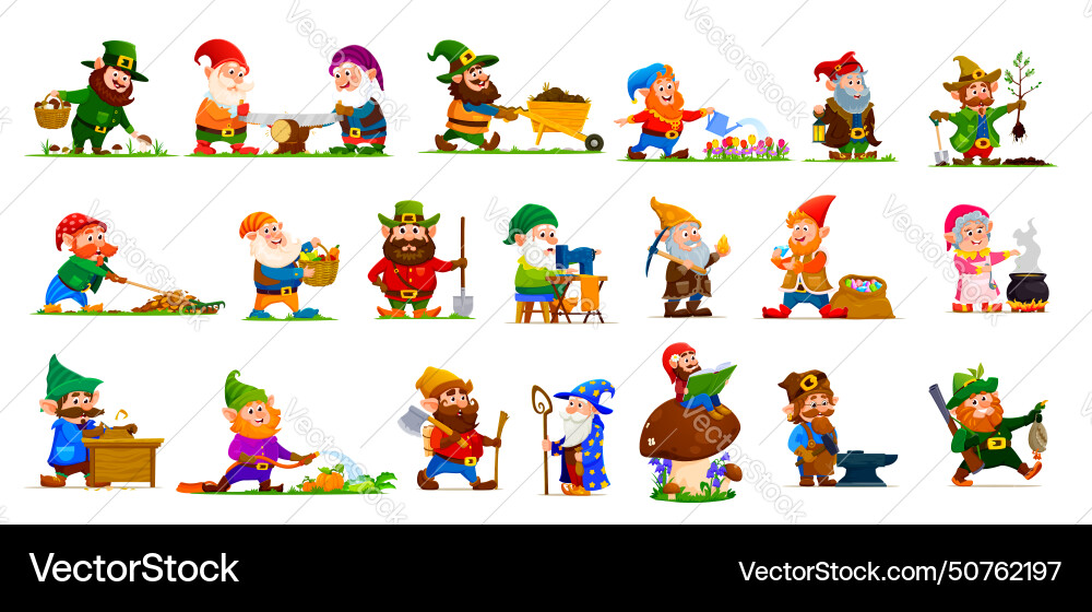 Cartoon cute garden gnome or dwarf characters vector image