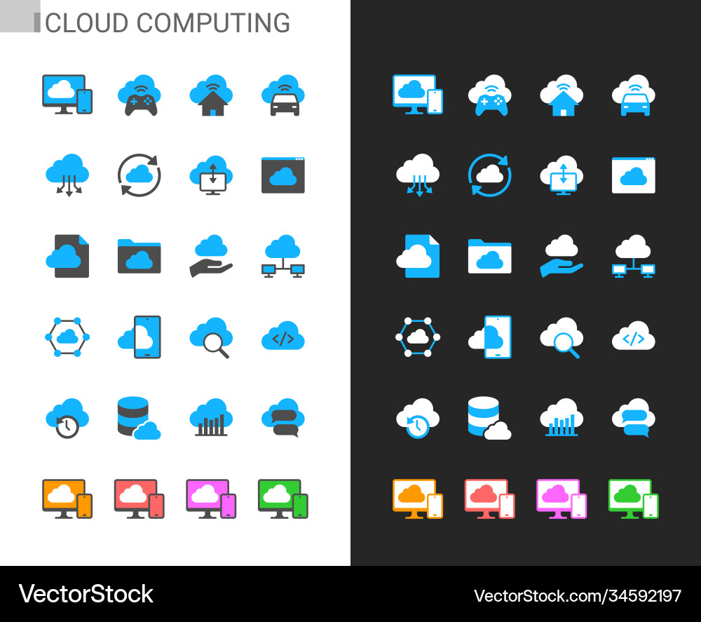 Cloud computing icons light and dark theme Cloud computing icons light and dark theme vector image