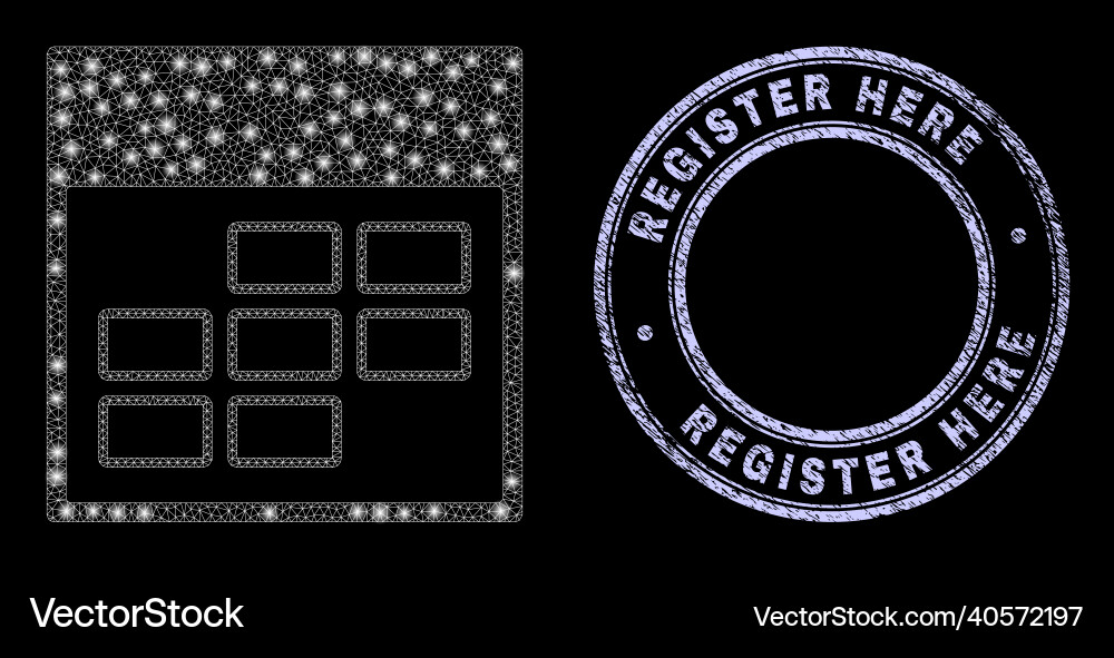 Rubber register here badge and light net calendar Rubber register here badge and light net calendar vector image