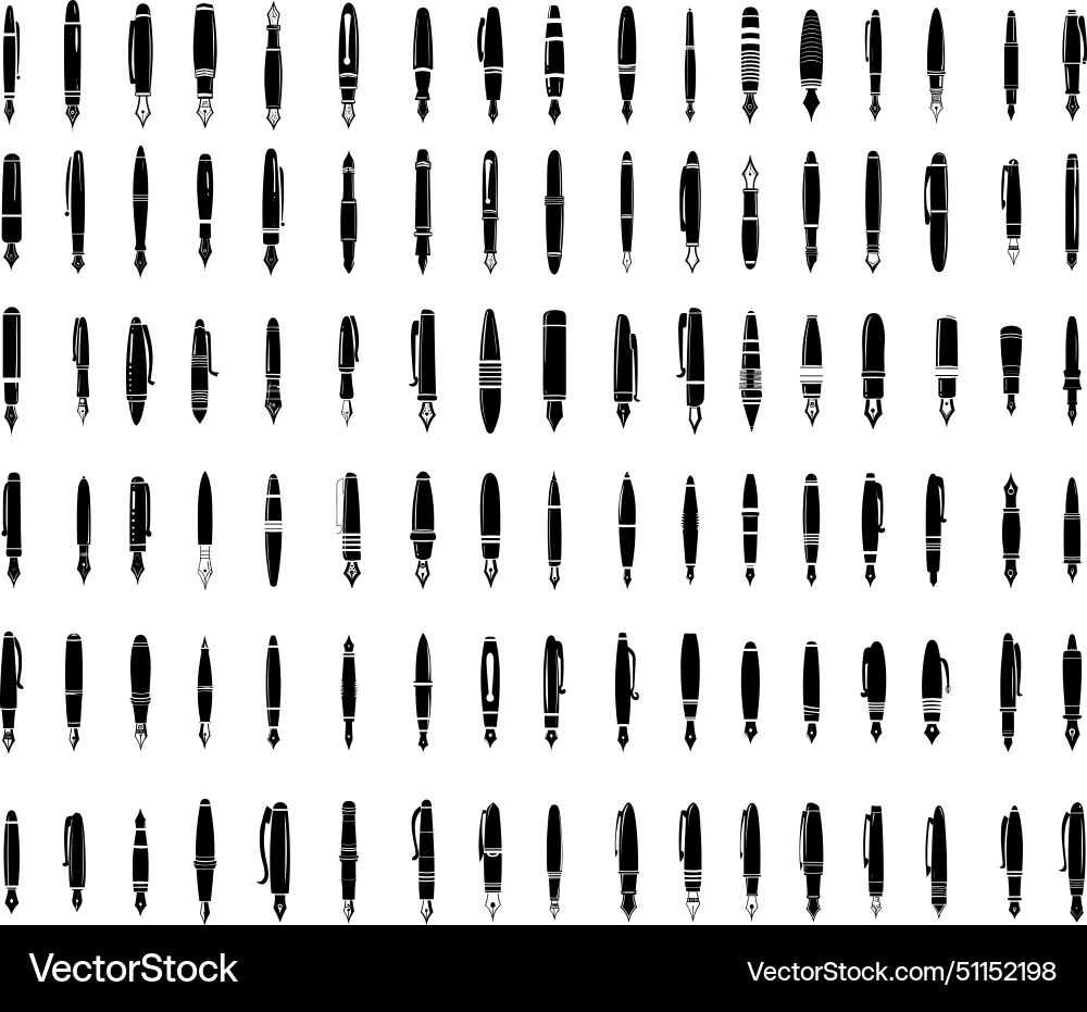 Fountain pens black icons big bundle ink Fountain pens black icons big bundle ink vector image