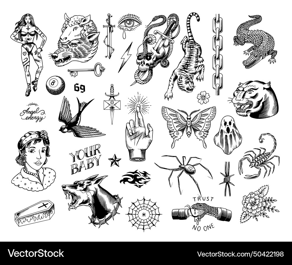 Old school tattoo stickers set woman crocodile Old school tattoo stickers set woman crocodile vector image