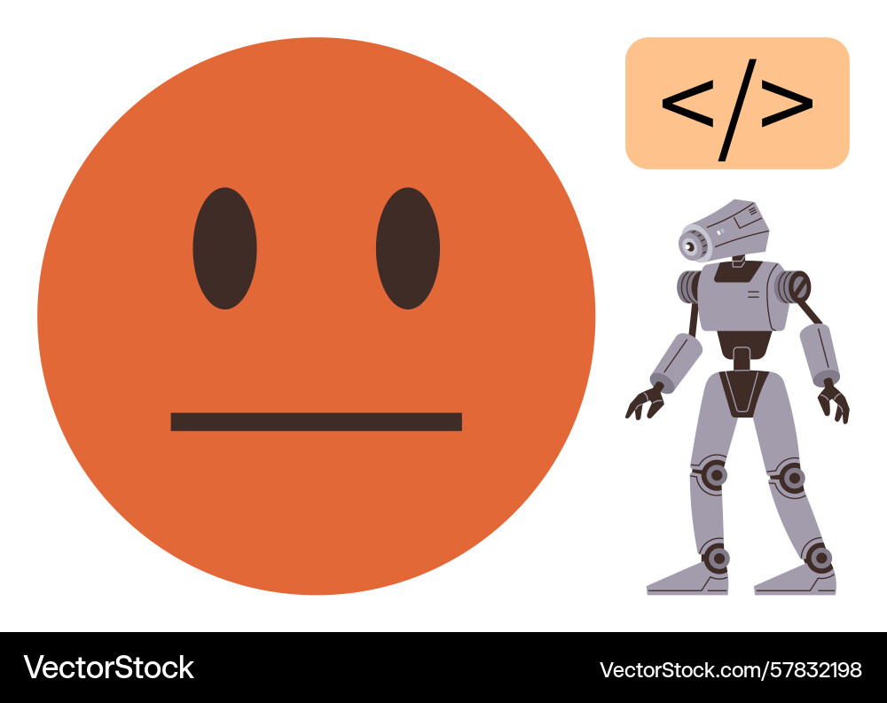 Orange neutral face with robot and code tag vector image
