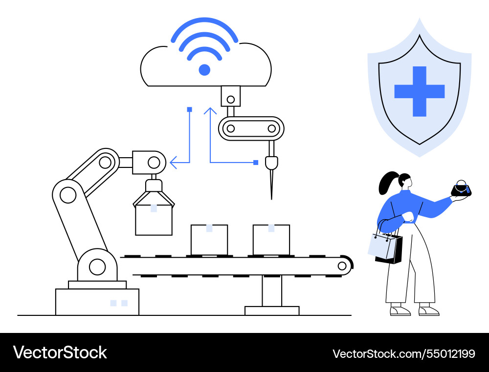 Autonomous robotic assembly line with cloud Autonomous robotic assembly line with cloud vector image