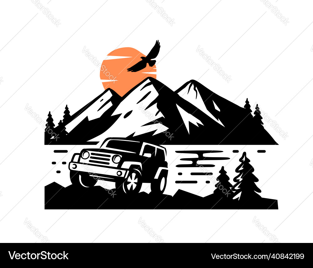 Berglandschaft mit Offroad Auto suv Berglandschaft mit Offroad Auto suv vektorbild