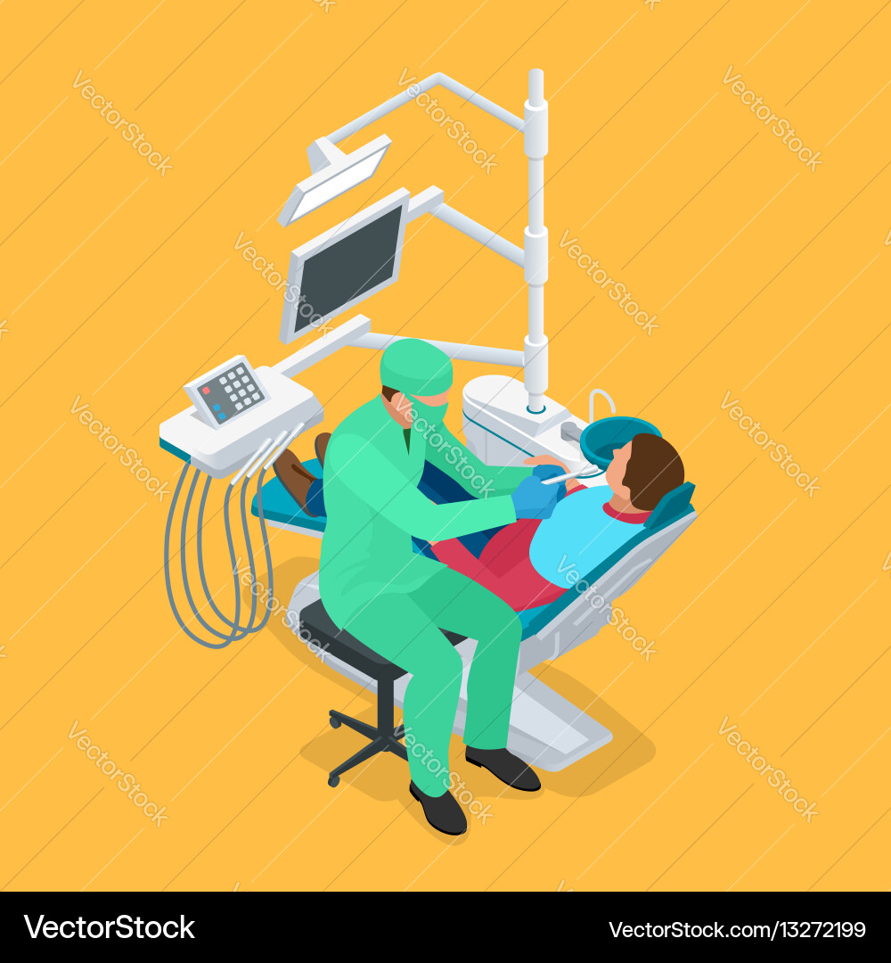 Isometric dentist examining mans teeth Royalty Free Vector