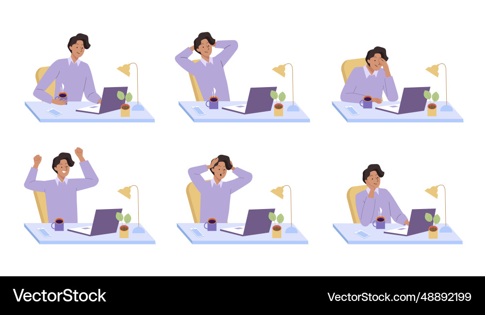 Man at the desktop with different emotions Vector Image