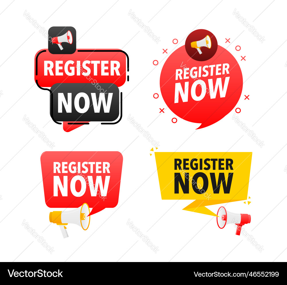 Megaphone label set with text register now Megaphone label set with text register now vector image