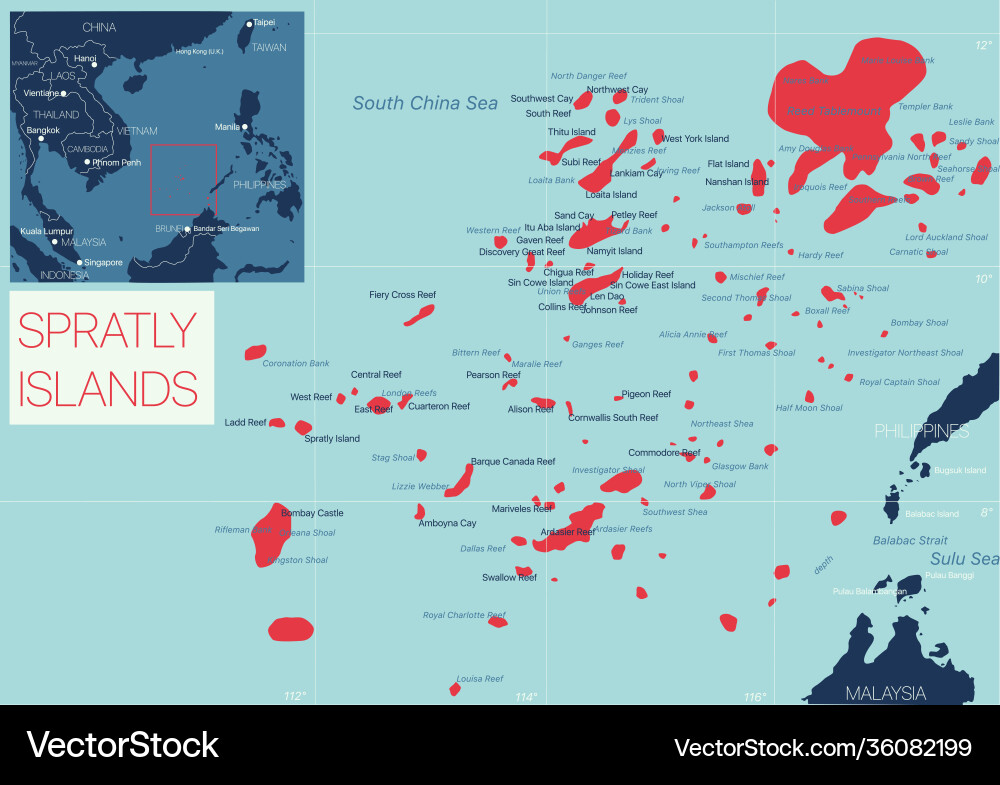Spratly island detailed editable map Royalty Free Vector