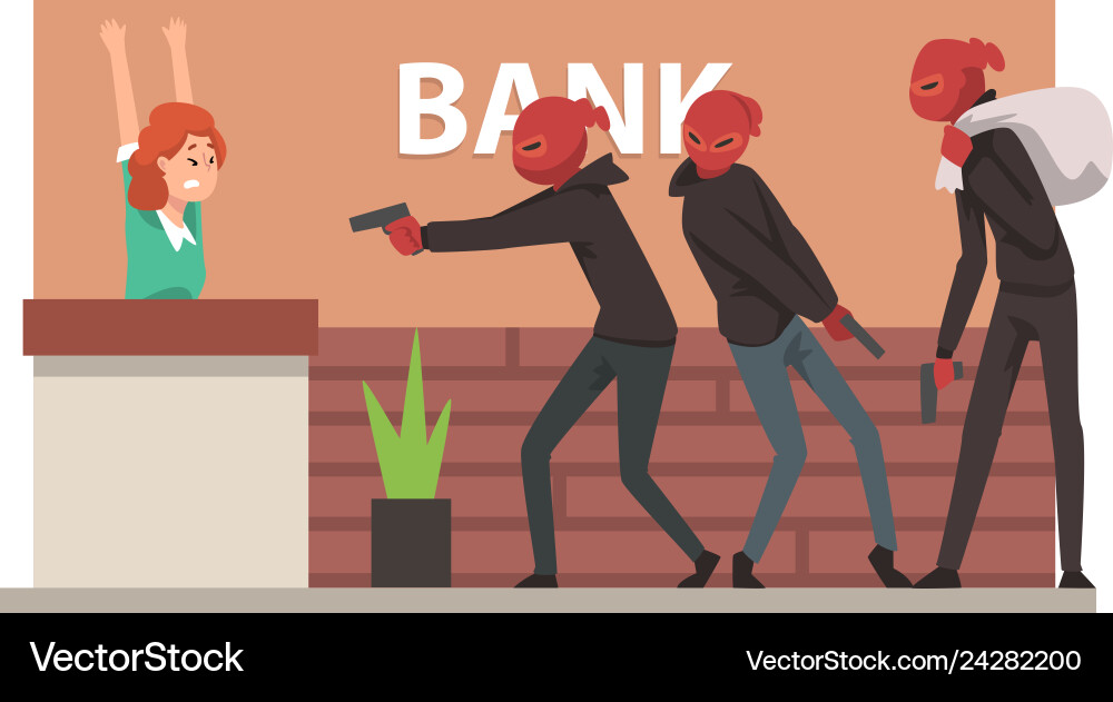 Bank robbery group of male thieves committing Bank robbery group of male thieves committing vector image