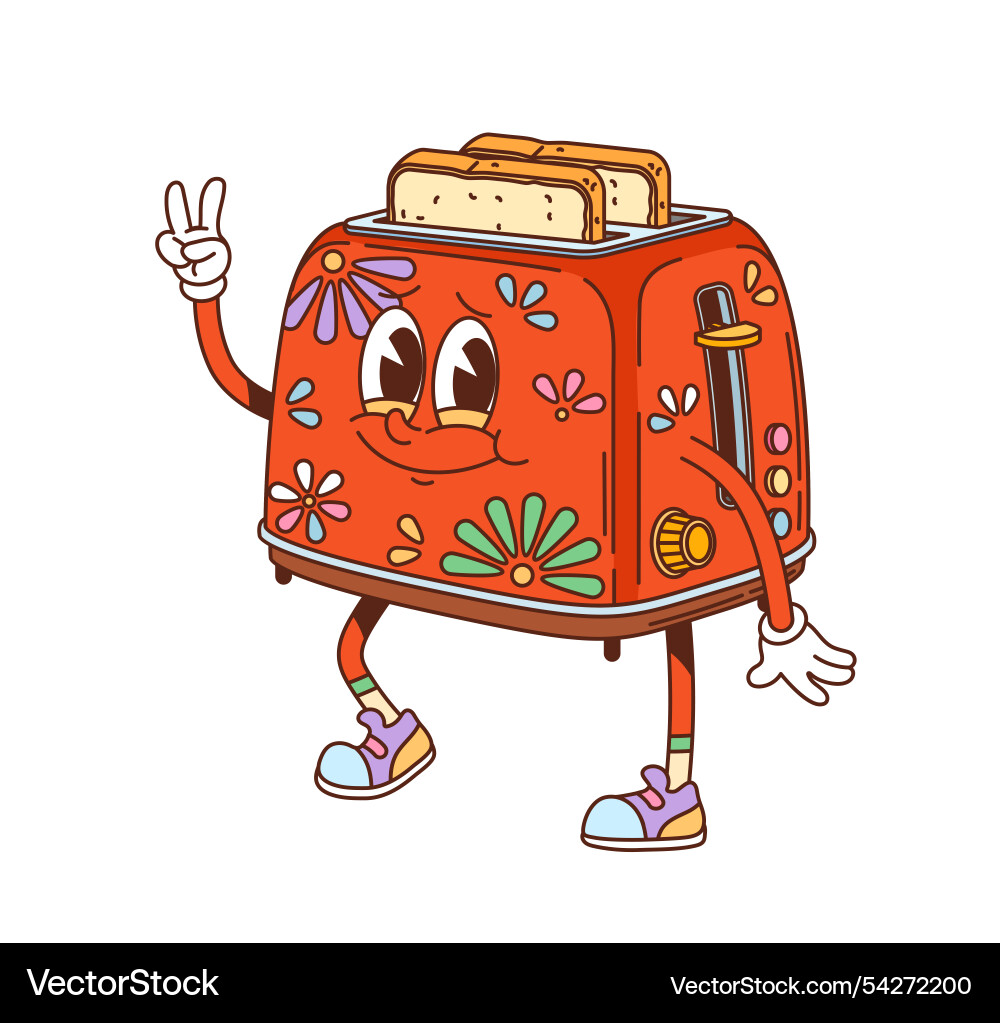 Groovy toaster character with happy smiling face Groovy toaster character with happy smiling face vector image