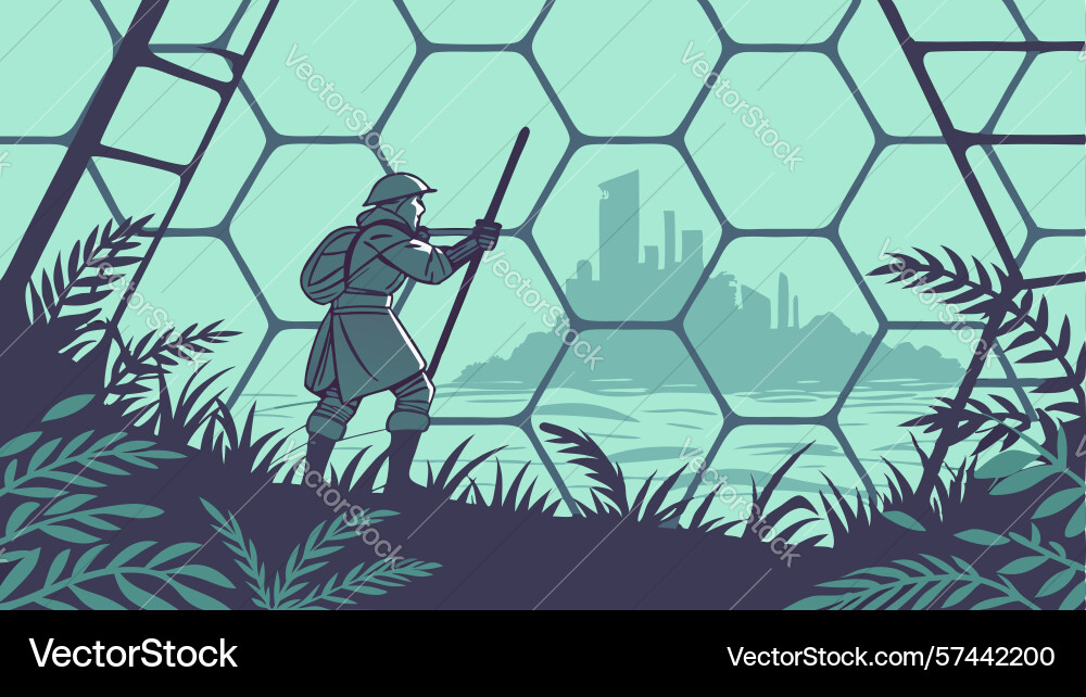 Hunter in hexagonal pattern futuristic wilderness vector image