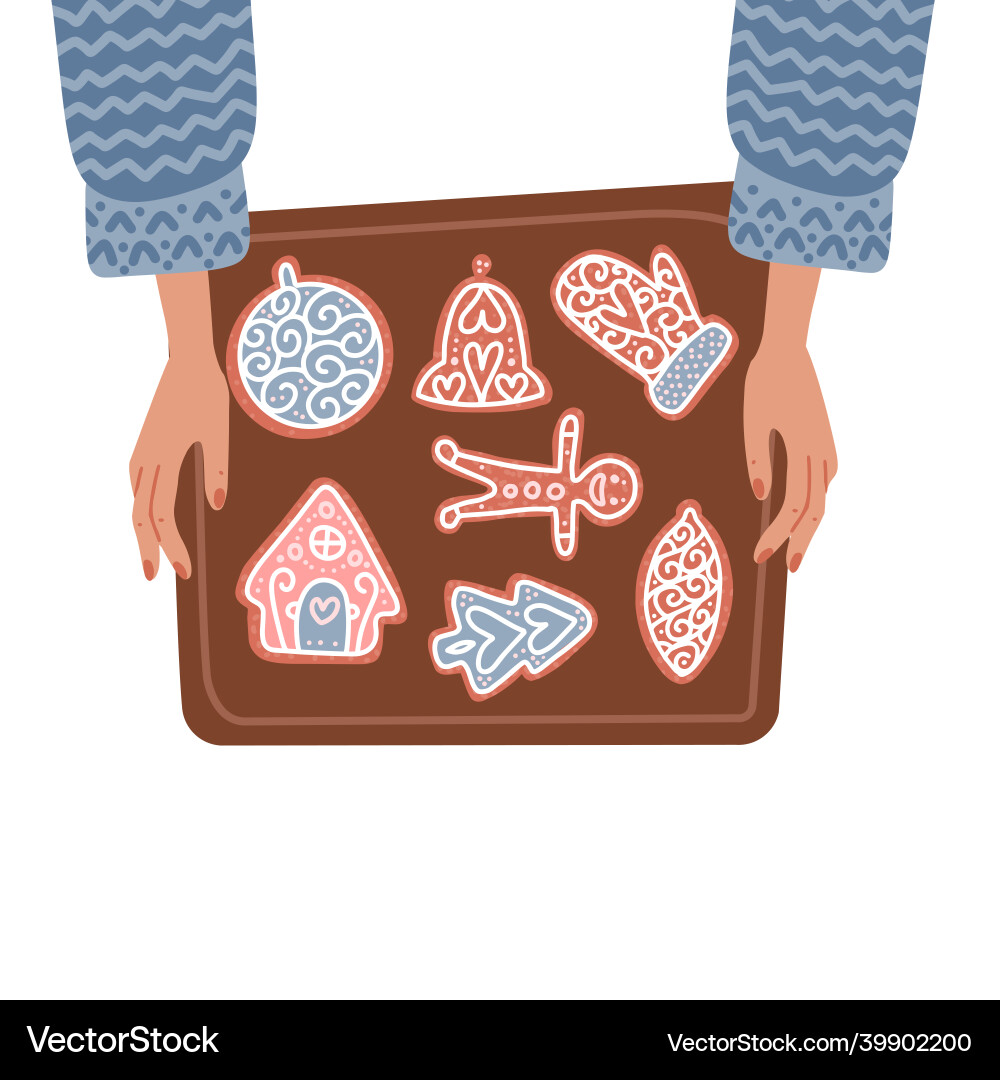 Two female hands holding baking tray Two female hands holding baking tray vector image