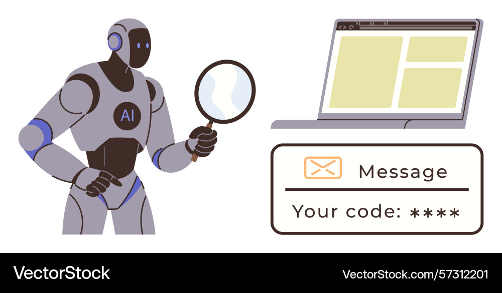 Ai robot analyzing security code near laptop Ai robot analyzing security code near laptop vector image