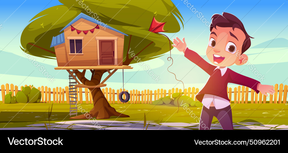 Boy treehouse and swing in garden yard cartoon Boy treehouse and swing in garden yard cartoon vector image