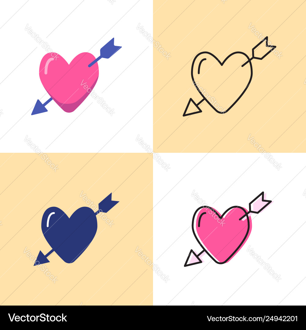 Heart with arrow icon set in flat and line styles Heart with arrow icon set in flat and line styles vector image