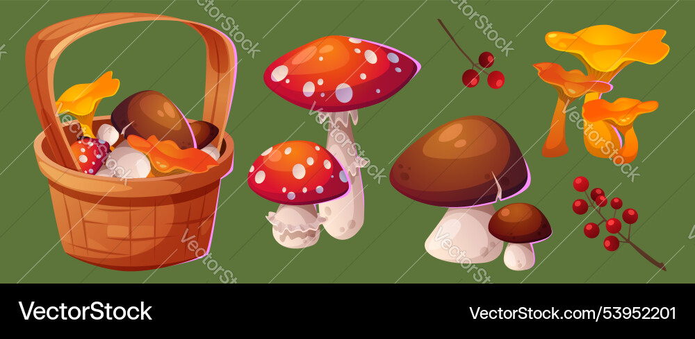 Wicker Korb mit Herbstpilzen und Beeren Wicker Korb mit Herbstpilzen und Beeren vektorbild