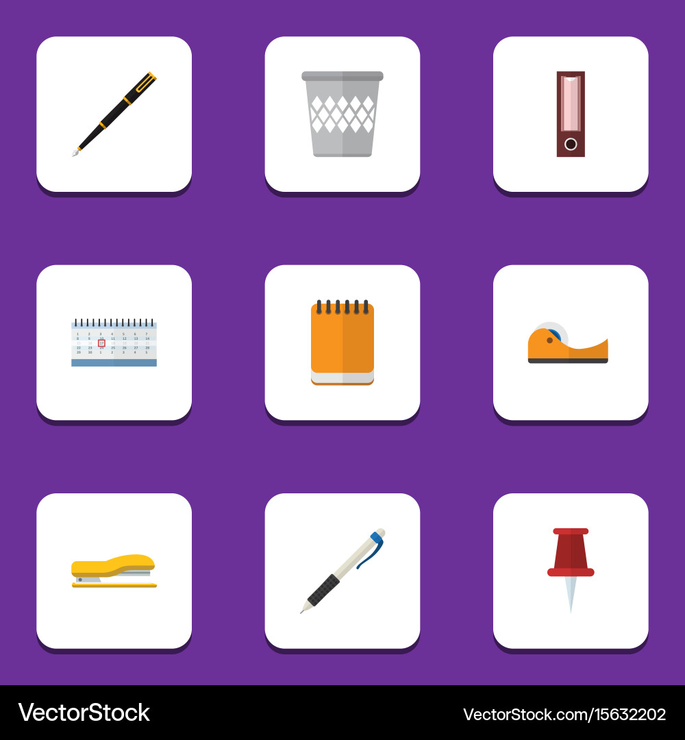 Flat icon stationery set of trashcan pushpin nib vector image