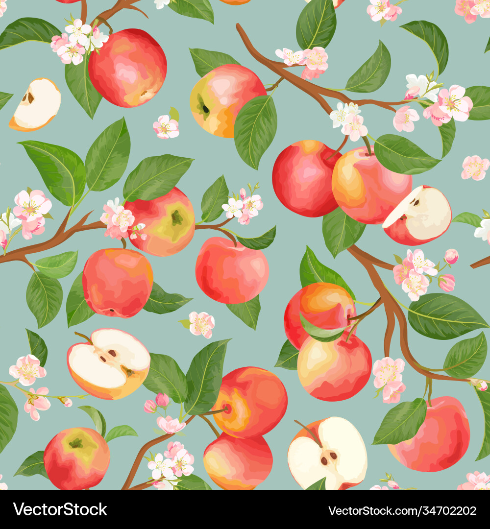 Watercolor blooming apple seamless pattern vector image