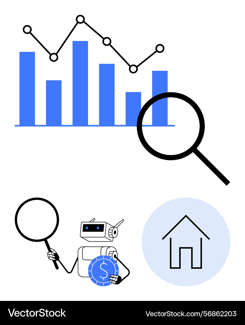 Data analysis with charts ai robot magnifying Data analysis with charts ai robot magnifying vector image