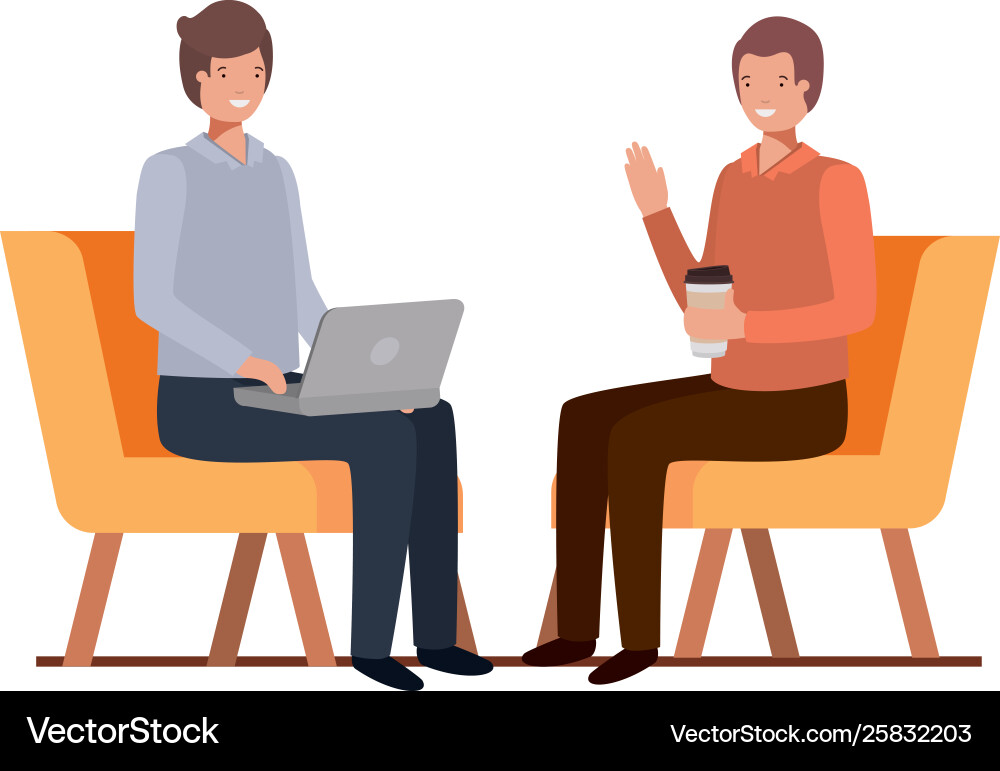 Men sitting in chair with laptop on white Vector Image